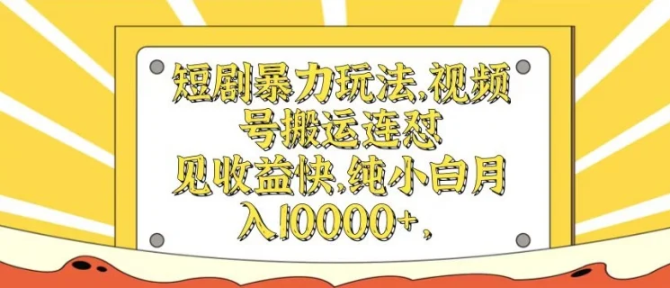短剧暴力玩法，视频号搬运连怼，见收益快，纯小白月入1w-续财库