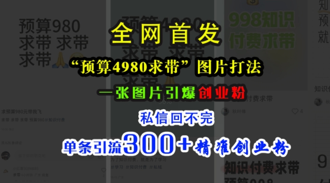 小红书“预算4980带我飞”图片打法，一张图片引爆创业粉，私信回不完，单条引流300+精准创业粉-续财库