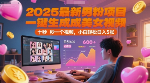 2025最新男粉项目，一键生成美女视频，日引600+色粉 十秒一个视频，小白轻松日入5张【揭秘】-续财库