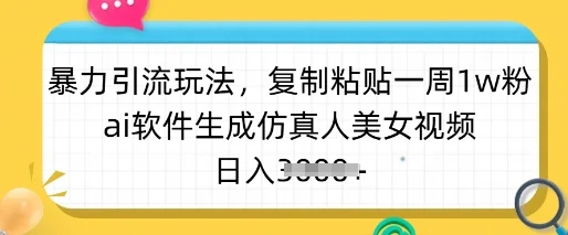 暴力引流玩法，复制粘贴一周1w粉，ai软件生成仿真人美女视频，日入多张-续财库