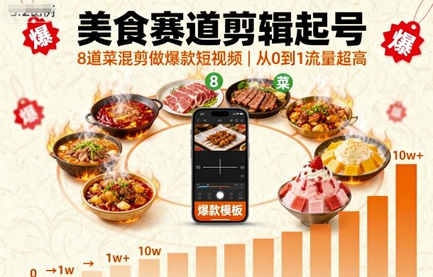 美食赛道剪辑起号，8道菜混剪做爆款短视频，从0到1，流量超高-续财库