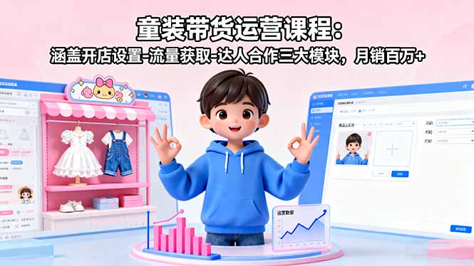 童装带货运营课程：涵盖开店设置-流量获取-达人合作三大模块，月销百万+-续财库