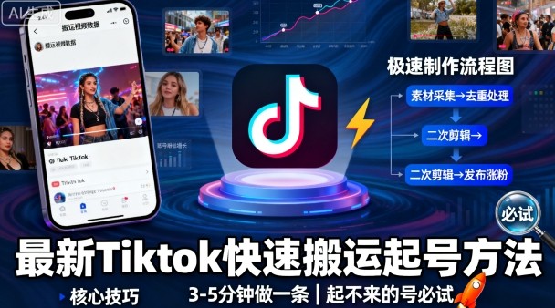 最新Tiktok快速搬运快速起号方法，3-5分钟做一条，起不来的号可以试试-续财库