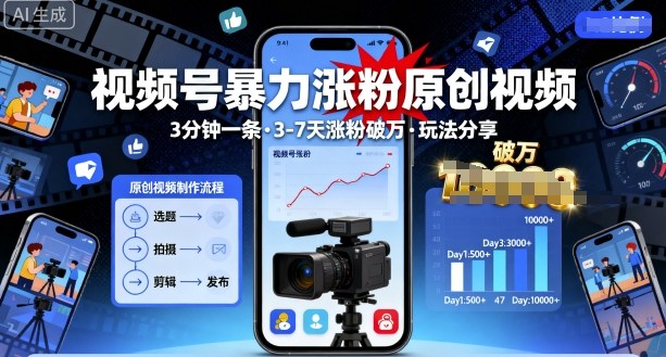 视频号暴力涨粉原创视频，3分钟一条原创视频，3-7天涨粉破万，玩法分享给你-续财库