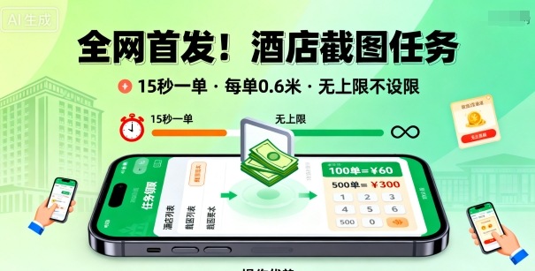 全网首发！酒店截图任务，15秒一单，每单0.6米，任务无上限不设限，矩阵操作单日3张到手【揭秘】-续财库