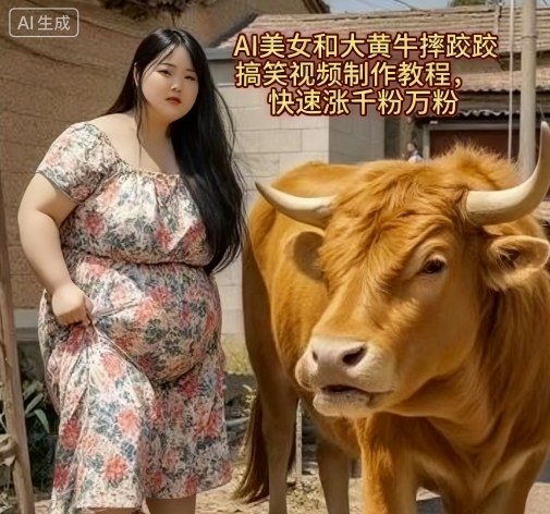 AI美女和大黄牛摔跤搞笑荒诞视频制作教程,快速涨千粉万粉-续财库