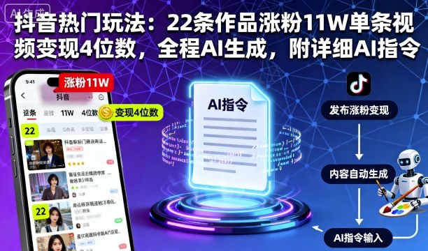 抖音热门玩法:22条作品涨粉11W单条视频变现4位数,全程AI生成,附详细AI指令-续财库