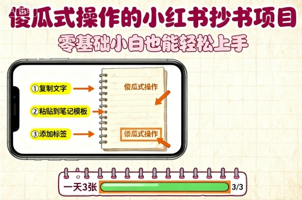 傻瓜式操作的小红书抄书项目，会复制粘贴就行，零基础小白也能一天3张-续财库
