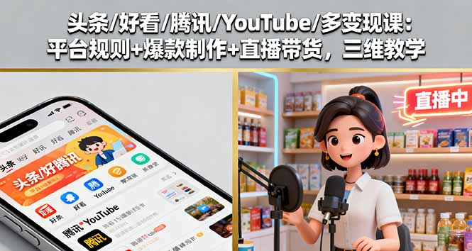 头条/好看/腾讯/YouTube/多变现课：平台规则+爆款制作+直播带货，三维教学-续财库