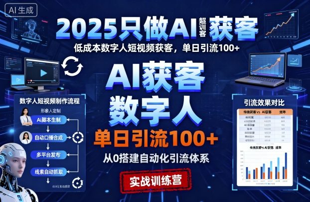 2025只做AI获客，AI超级获客实训营，低成本数字人短视频获客，单日引流100+-续财库