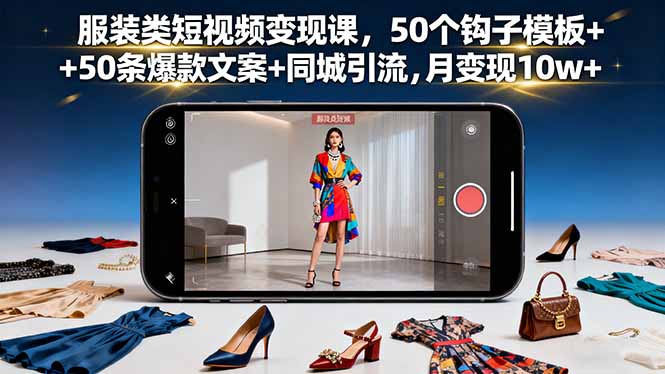 服装类短视频变现课，50个钩子模板+50条爆款文案+同城引流，月变现10w+-续财库
