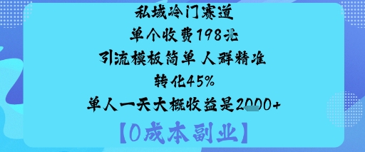 私域冷门赛道:单个收费198米引流模板简单人群精准转化45%单人一天大概收益是1k+-续财库