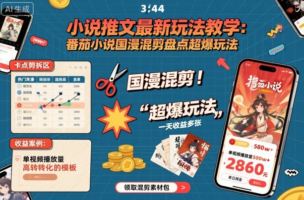 小说推文最新玩法教学，番茄小说国漫混剪盘点超爆玩法，全程干货，一天收益多张-续财库