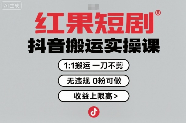红果短剧拉新之抖音搬运实操课，1：1搬运，一刀不剪，无违规，0粉可做，收益上限高-续财库