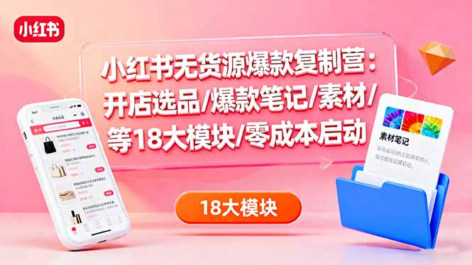 小红书无货源爆款复制营：开店选品/爆款笔记/素材/等18大模块/零成本启动-续财库