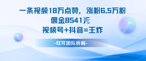 一条视频18W点赞，涨粉6.5W粉佣金8541米，视频号+抖音=王炸-续财库