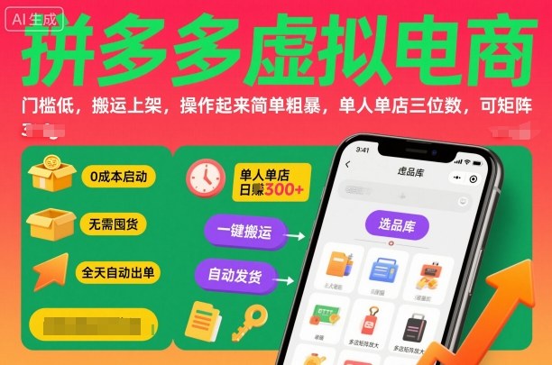 拼多多虚拟电商，门槛低，搬运上架，操作起来简单粗暴，单人单店三位数，可矩阵-续财库