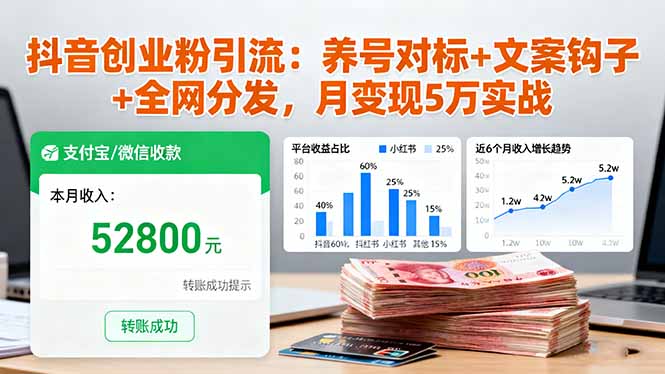 抖音创业粉引流：养号对标+文案钩子+全网分发，月变现5万实战-续财库