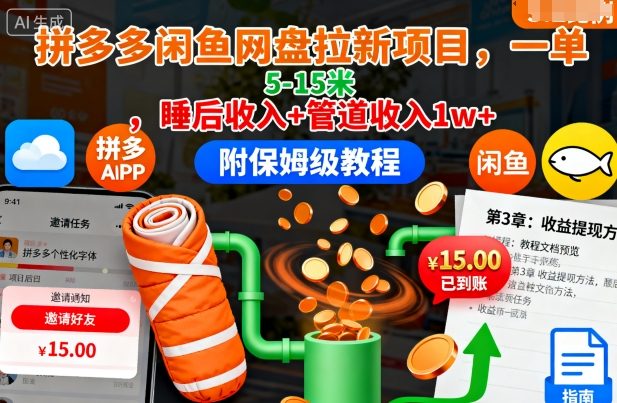 拼多多闲鱼网盘拉新项目，一单5-15米，睡后收入+管道收入1w+(附保姆级教程)-续财库
