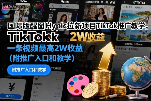 国际版醒图Hypic拉新项目TikTok推广教学，一条视频最高2W收益(附推广入口和教学)-续财库