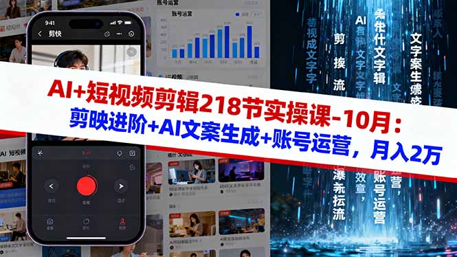 AI+短视频剪辑218节实操课-10月:剪映进阶+AI文案生成+账号运营,月入2万-续财库