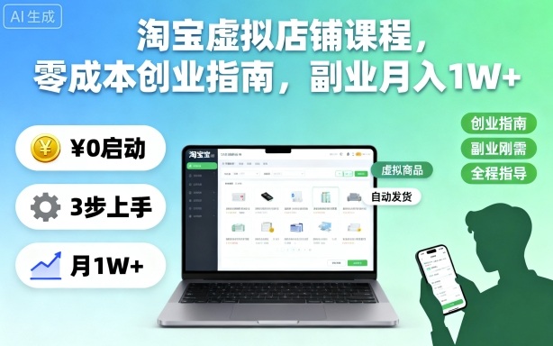 淘宝虚拟店铺课程,零成本创业指南,副业月入1W+-续财库