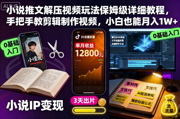 小说推文解压视频玩法保姆级详细教程,手把手教剪辑制作视频,小白也能月入1W+-续财库