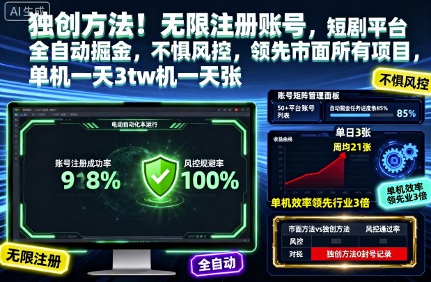 独创方法!无限注册账号,短剧平台全自动掘金,不惧风控,领先市面所有项目,单机一天3张【揭秘】-续财库