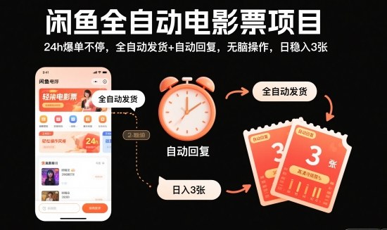 闲鱼全自动电影票项目,24h爆单不停,全自动发货+自动回复,无脑操作,日稳入3张【揭秘】-续财库