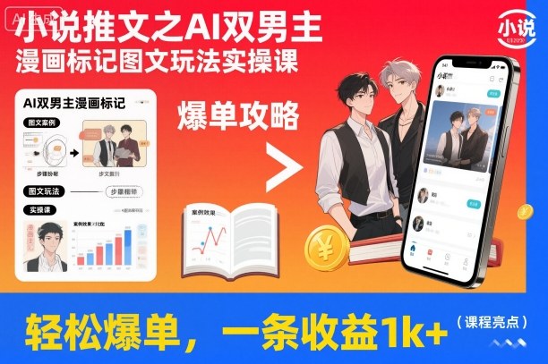 小说推文之AI双男主漫画标记图文玩法实操课,轻松爆单,一条收益1k+-续财库