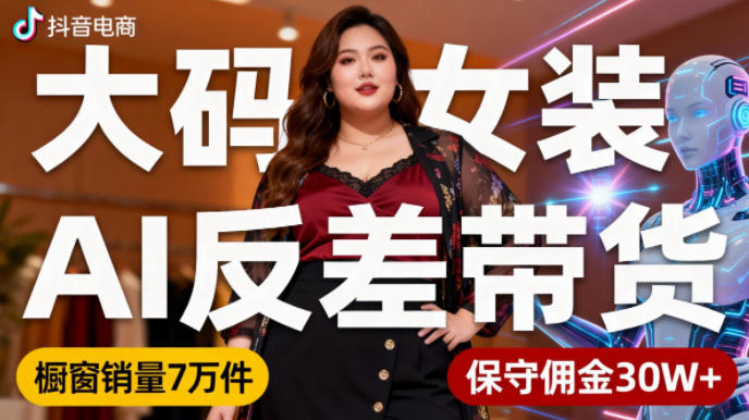 抖音小众赛道,大码女装AI反差带货,不用直播,每天6条作品,橱窗卖7万件,保守佣金30W+-续财库