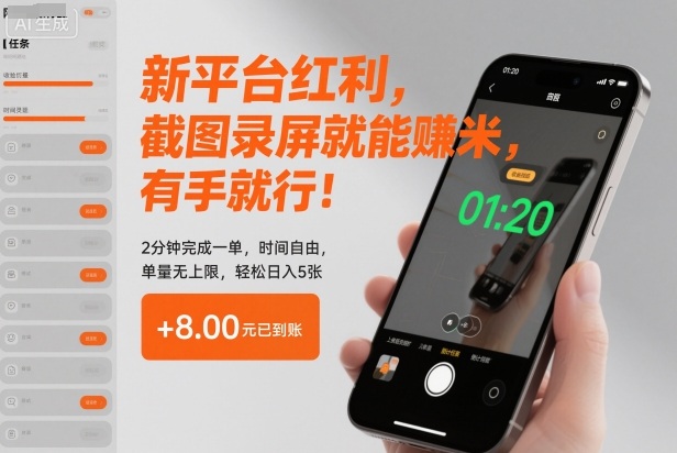 新平台红利,截图录屏就能賺米,有手就行!2分钟完成一单,时间自由,单量无上限,轻松日入5张【揭秘】-续财库