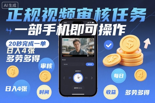 正规视频审核任务,一部手机即可操作,20秒完成一单,日入4张,多劳多得【揭秘】-续财库