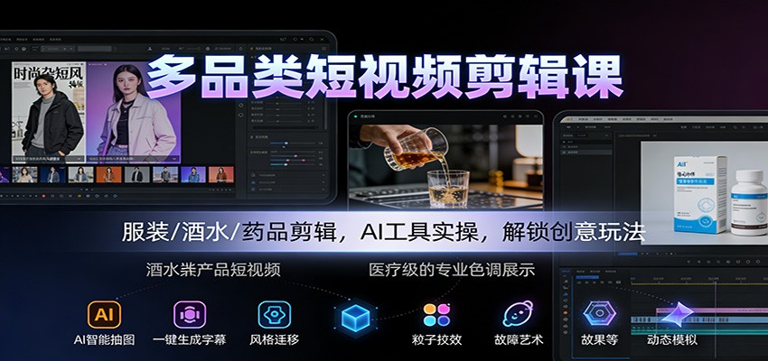 多品类短视频剪辑课：服装/酒水/药品剪辑，AI工具实操，解锁创意玩法-续财库