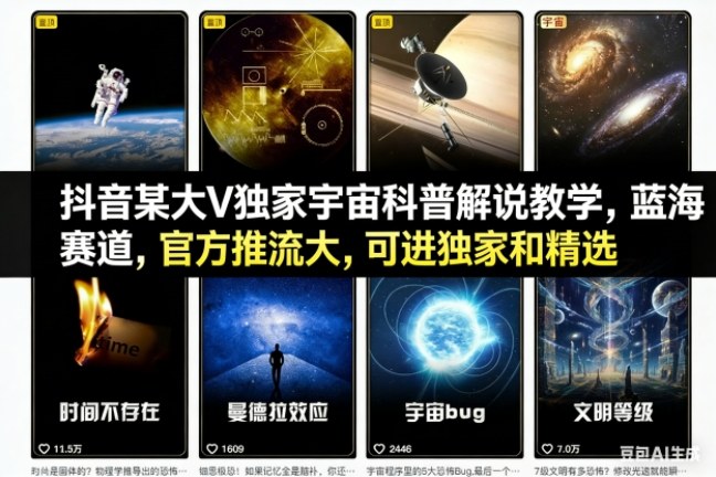 抖音某大V独家宇宙科普解说教学,蓝海赛道,官方推流大,可进独家和精选-续财库