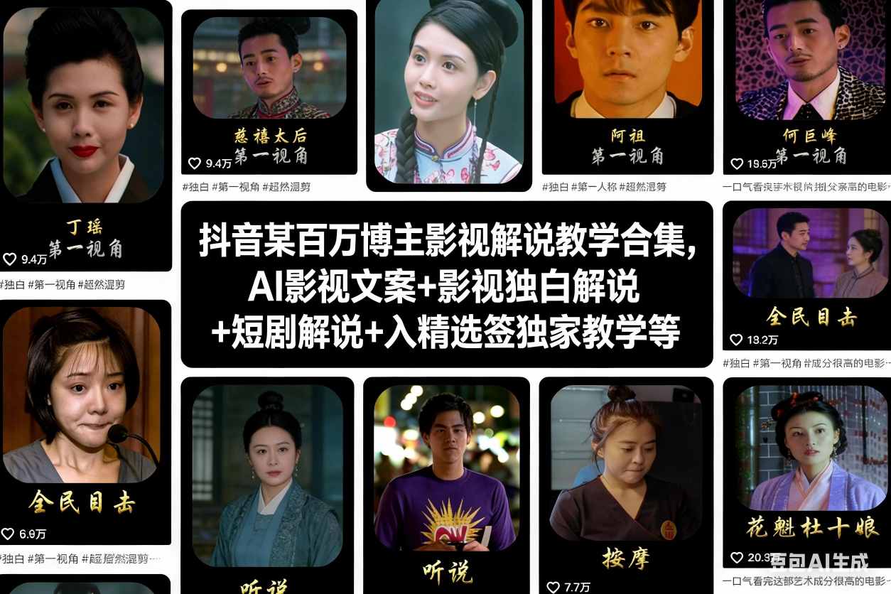 抖音某百万博主影视解说教学合集，AI影视文案+影视独白解说+短剧解说+入精选签独家教学等-续财库