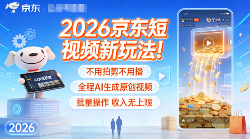 2026京东短视频新玩法！不用拍剪不用播，全程AI生成原创视频，批量操作收入无上限-续财库
