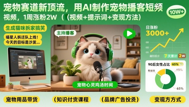 宠物赛道新顶流，用AI制作宠物播客短视频，1周涨粉2W(视频+提示词+变现方法)-续财库