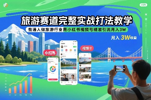 旅游赛道完整实战打法教学，普通人做旅游行业用小红书视频号精准引流月入3W-续财库