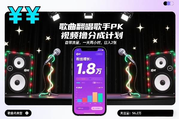 歌曲翻唱歌手PK视频撸分成计划，自带流量，一天两小时，日入2张-续财库