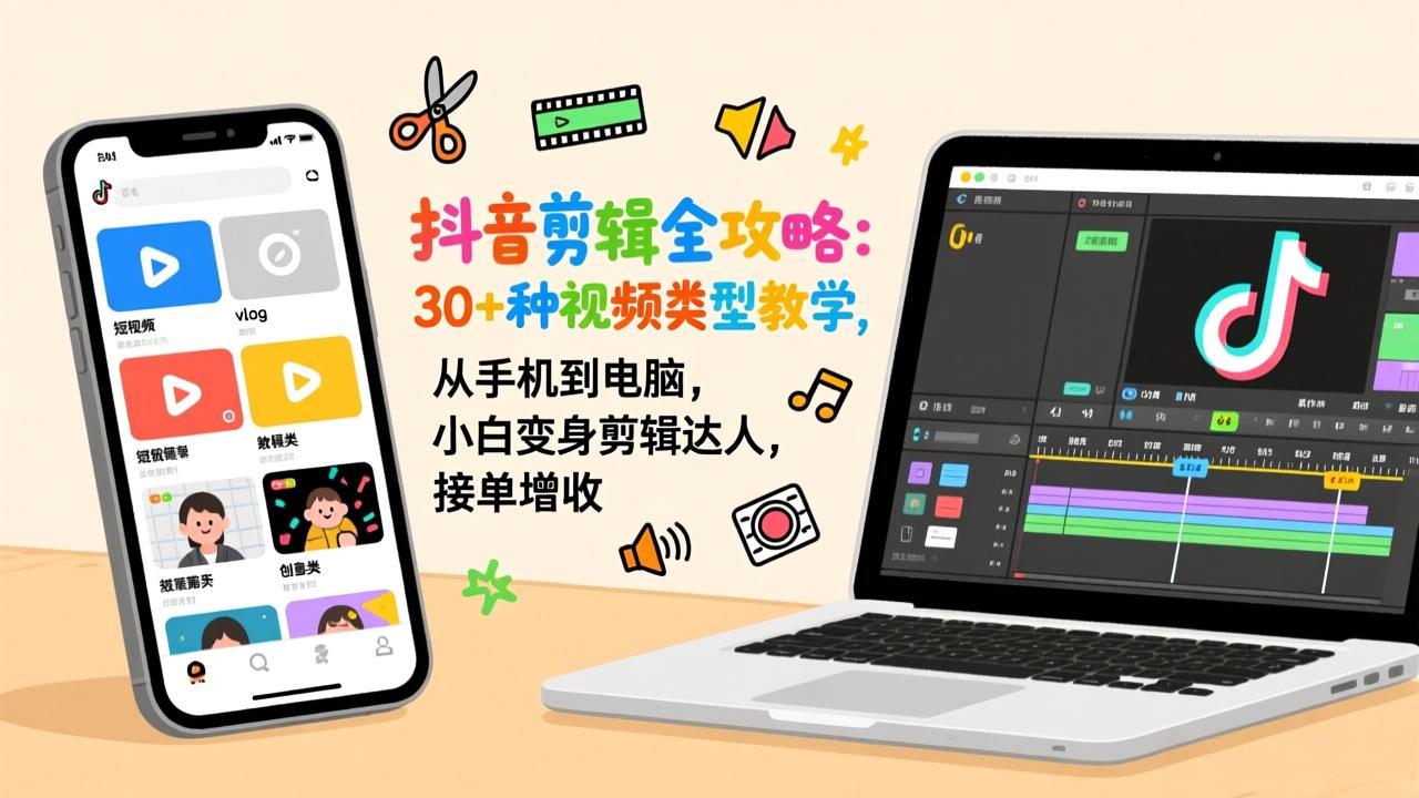 抖音剪辑全攻略：30+种视频类型教学，从手机到电脑，小白变身剪辑达人，接单增收-续财库