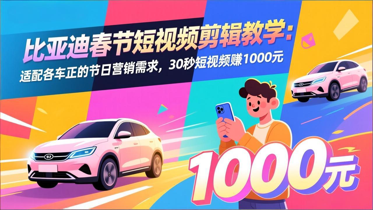 比亚迪春节短视频剪辑教学：适配各车企的节日营销需求，30秒短视频赚1000元-续财库