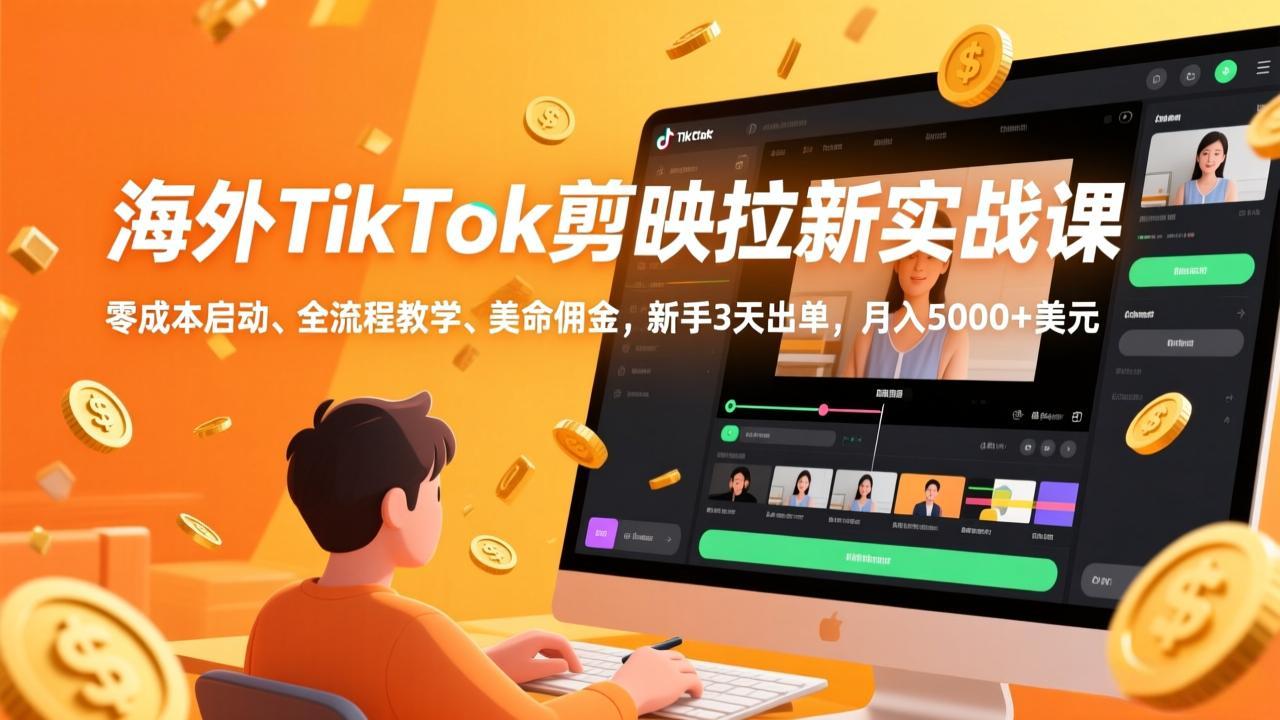 海外TikTok剪映拉新实战课，零成本启动、全流程教学、美金佣金，新手3天出单，月入5000+美元-续财库