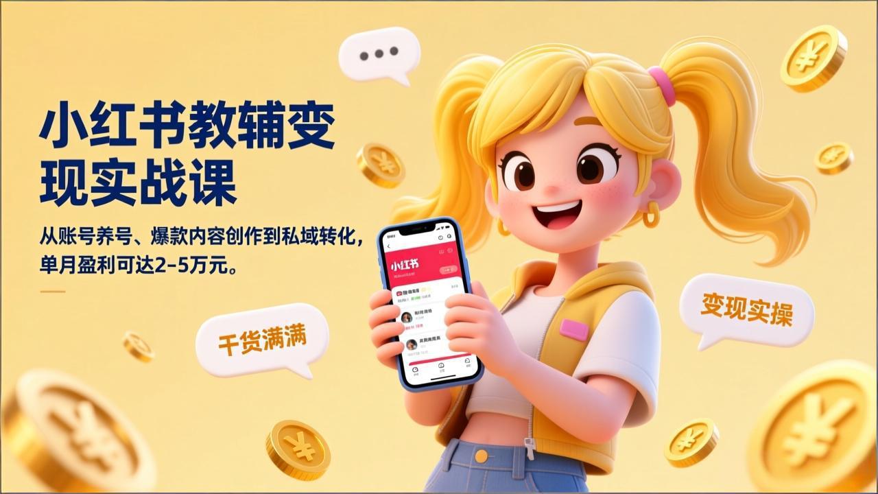小红书教辅变现实战课，从账号养号、爆款内容创作到私域转化，单月盈利可达2-5万元-续财库