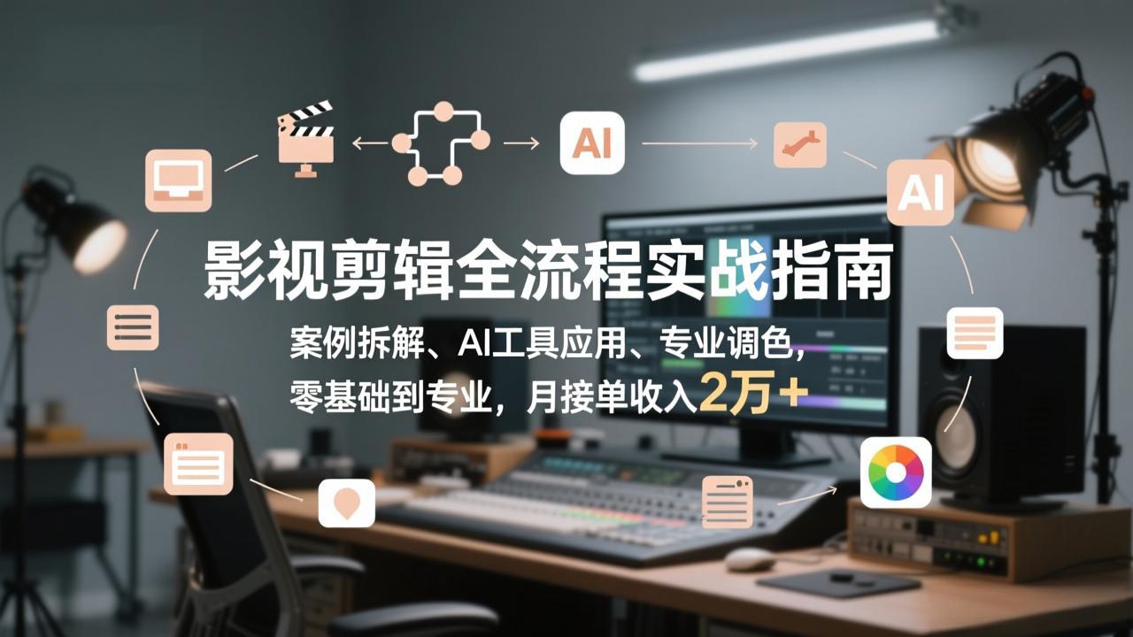 影视剪辑全流程实战指南，案例拆解、AI工具应用、专业调色，零基础到专业，月接单收入2万+-续财库