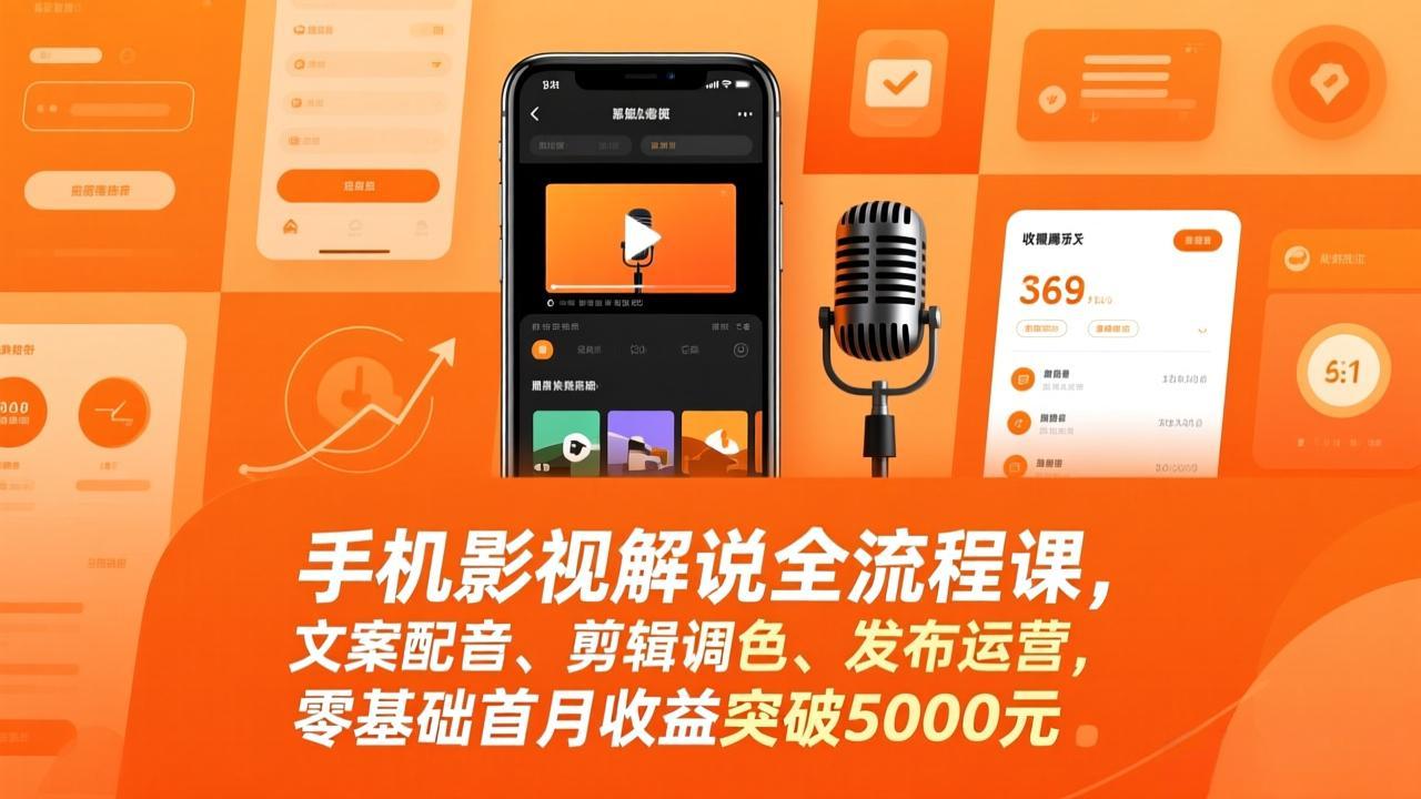 手机影视解说全流程课，文案配音、剪辑调色、发布运营，零基础首月收益突破5000元-续财库