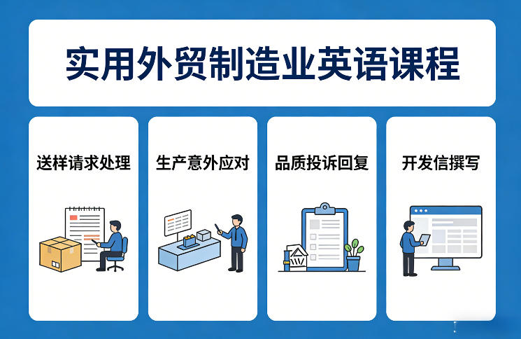 实用外贸制造业英语课程，教你专业处理送样请求、应对生产意外、回复品质投诉、撰写开发信等-续财库