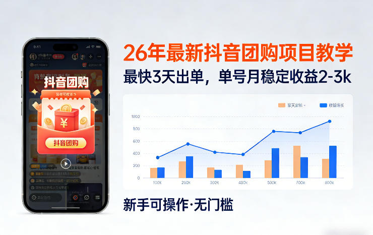 26年最新抖音团购项目教学，0门槛，最快3天出单，单号月稳定收益2-3k-续财库