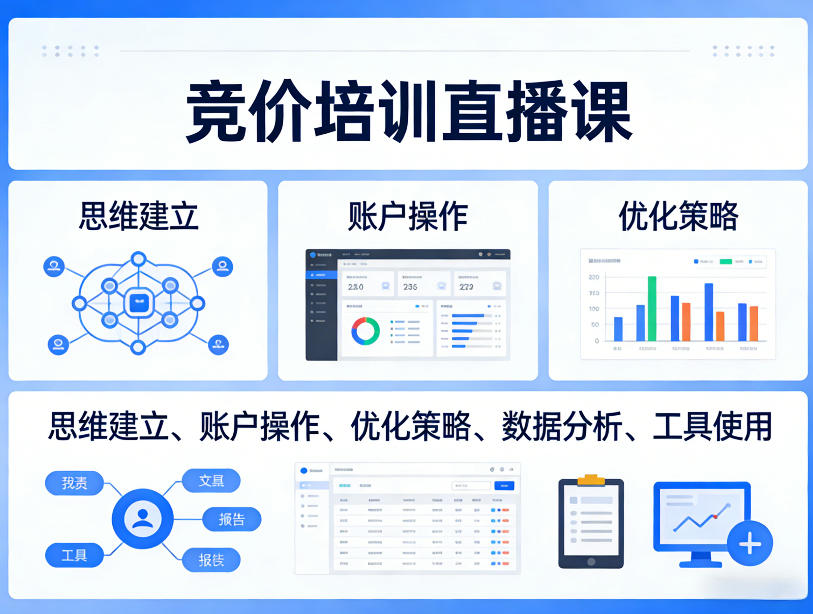 竞价培训直播课，覆盖思维建立、账户操作、优化策略、数据分析、工具使用等，全方位提升效果-续财库