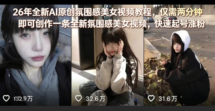 26年全新AI原创氛围感美女视频教程,仅需两分钟即可创作一条全新氛围感美女视频,快速起号涨粉-续财库
